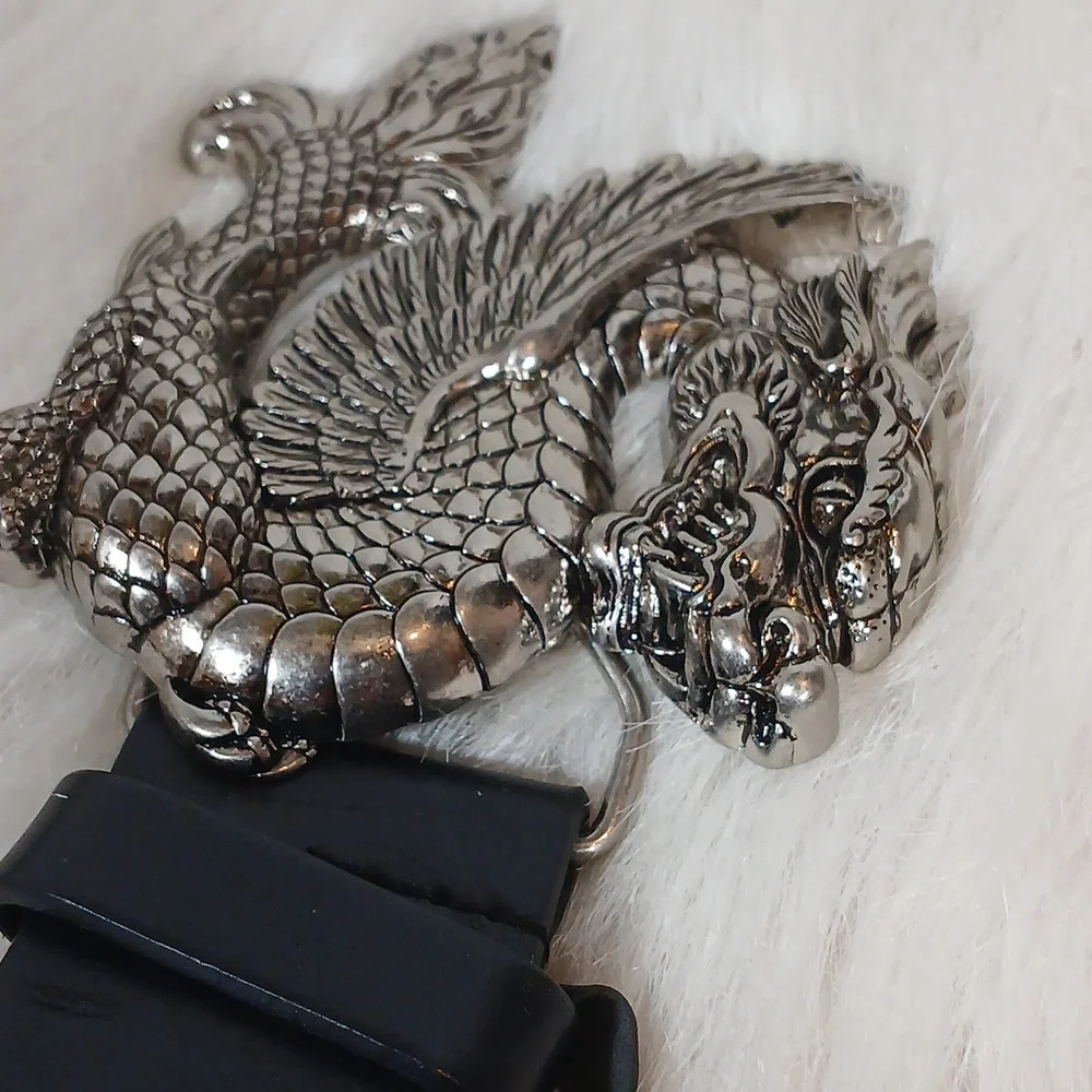 Nick & Nora Elegant Black Leather Belt with Silver Dragon Buckle Unisex Sz S - Picture 2 of 6